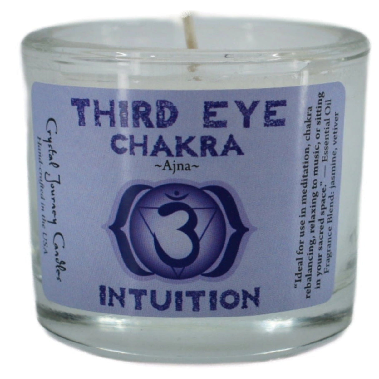 Purple candle with "THIRD EYE CHAKRA" and "INTUITION" label.