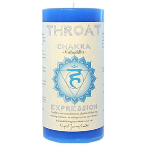 Blue candle with "THROAT CHAKRA" and "EXPRESSION" label.
