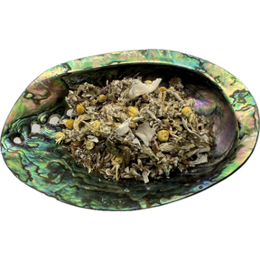 Throat Chakra Herb Mix Bag - Dried mixed herbs called Throat Chakra Herb Mix placed on a colorful shell bowl