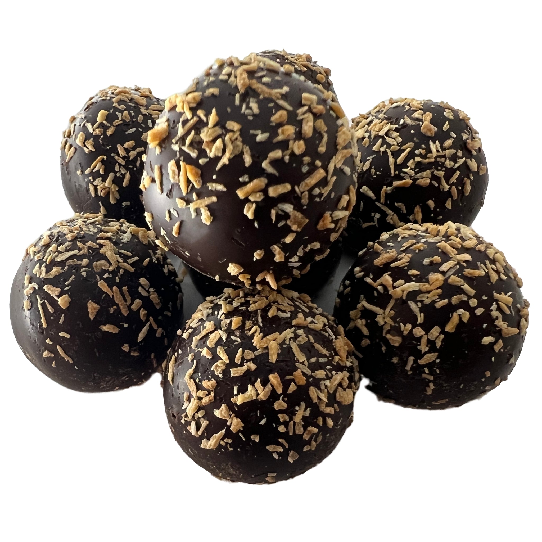 Coconut Dark Chocolate Truffle.  Round dark chocolate balls with toasted coconut sprinkles. 
