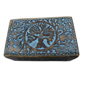 Tree of Life Wood Box Blue - Wood box, blue , engraved tree of life floral pattern 