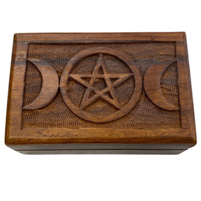 Triple Moon Pentacle Box - Wooden box with moon and pentagram carvings