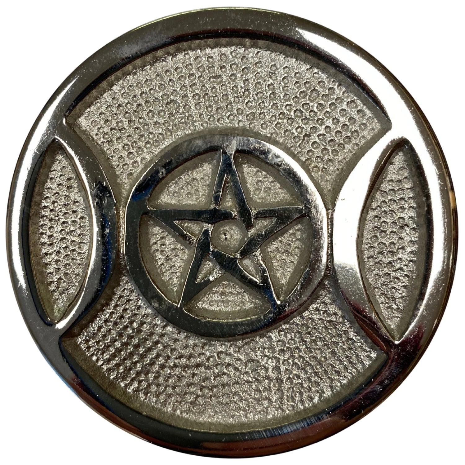 Triple Moon Pentacle Silver Plated Brass Plate - A circular, silver-plated brass altar tile featuring a central pentagram