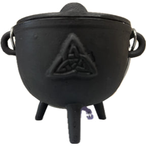 Small black cast iron cauldron with a triquetra design and a metal handle.