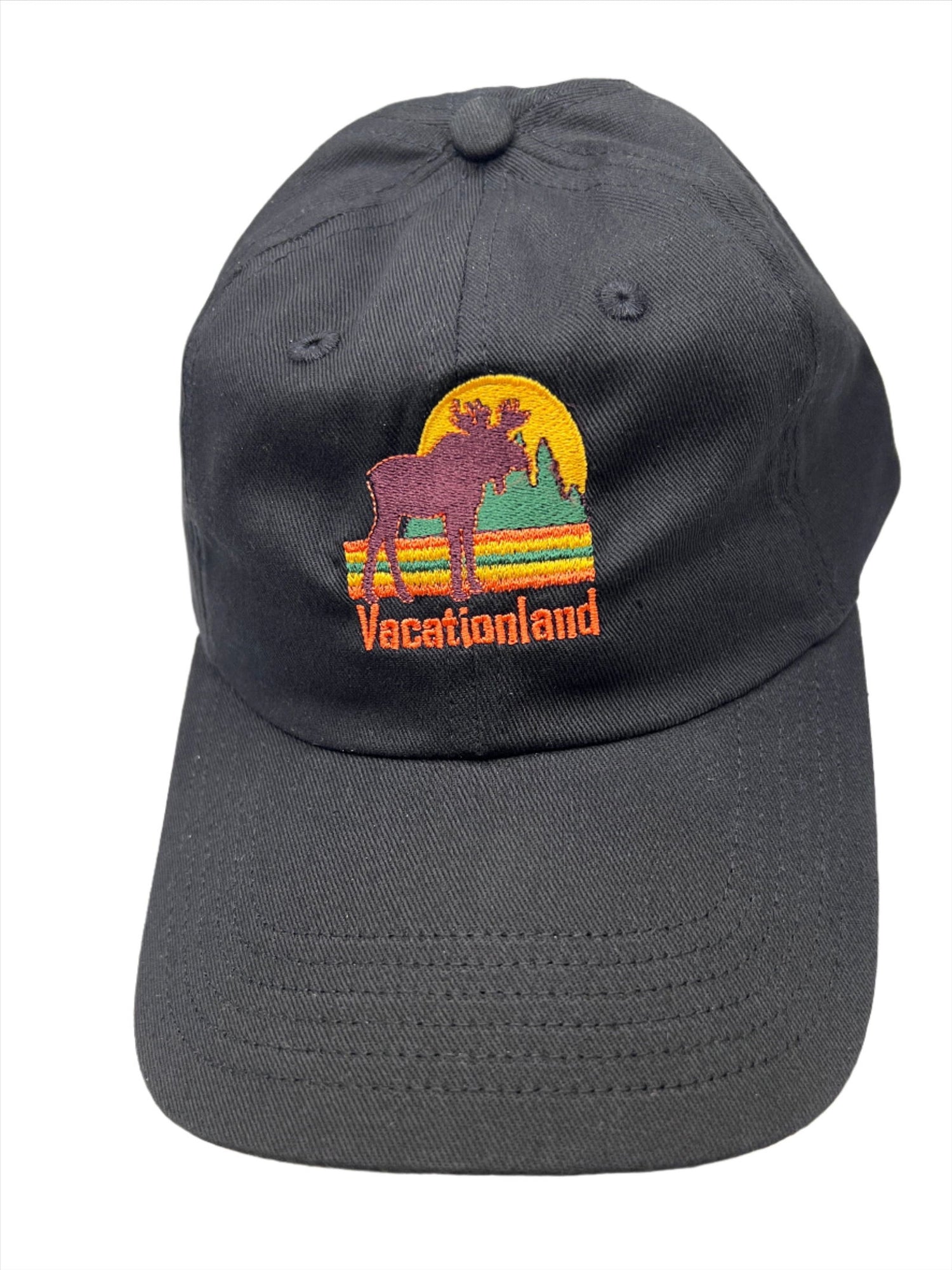 Vacationland Moose Black Ball Cap - Black baseball cap with embroidered logo of moose that says vacationand 