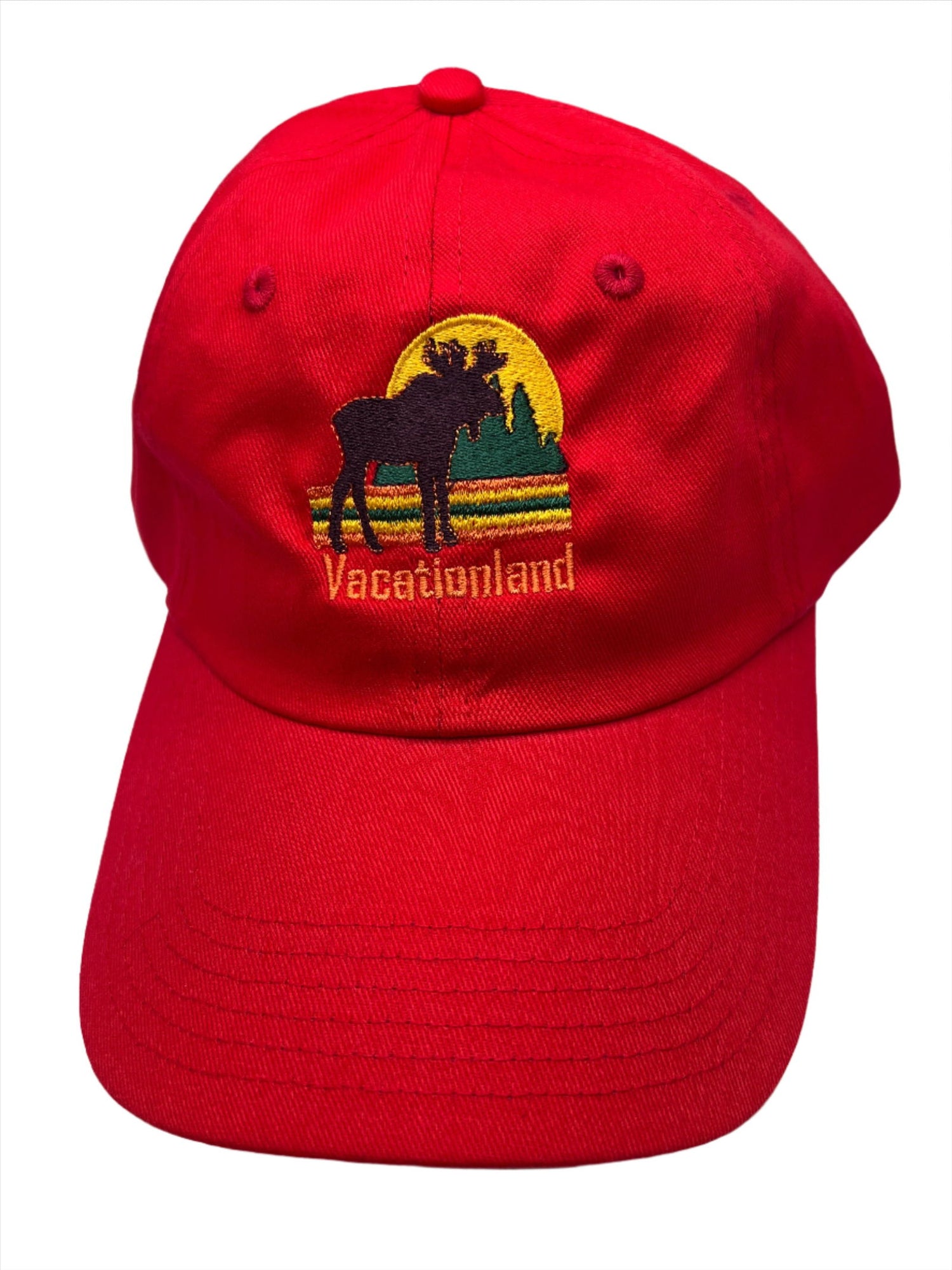 Vacationland Moose Red Ball Cap - Red ball cap with embroidered moose and vacationland 