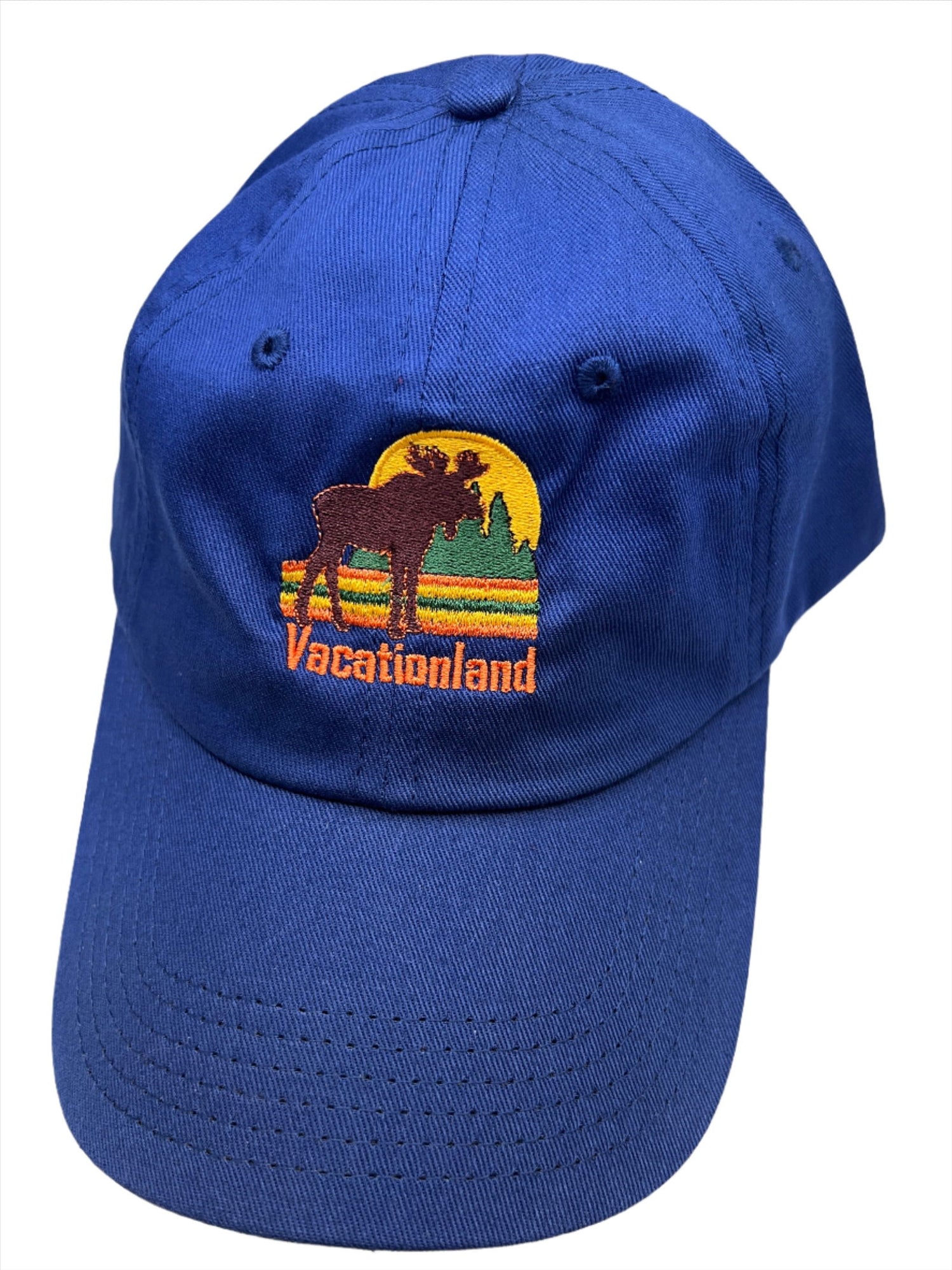 Vacationland Moose Royal Blue Ball Cap - Royal Blue colored ball cap with image off moose and word Maine embroidered 