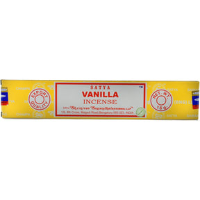 Satya Nag Champa Vanilla Incense Sticks in a yellow box.