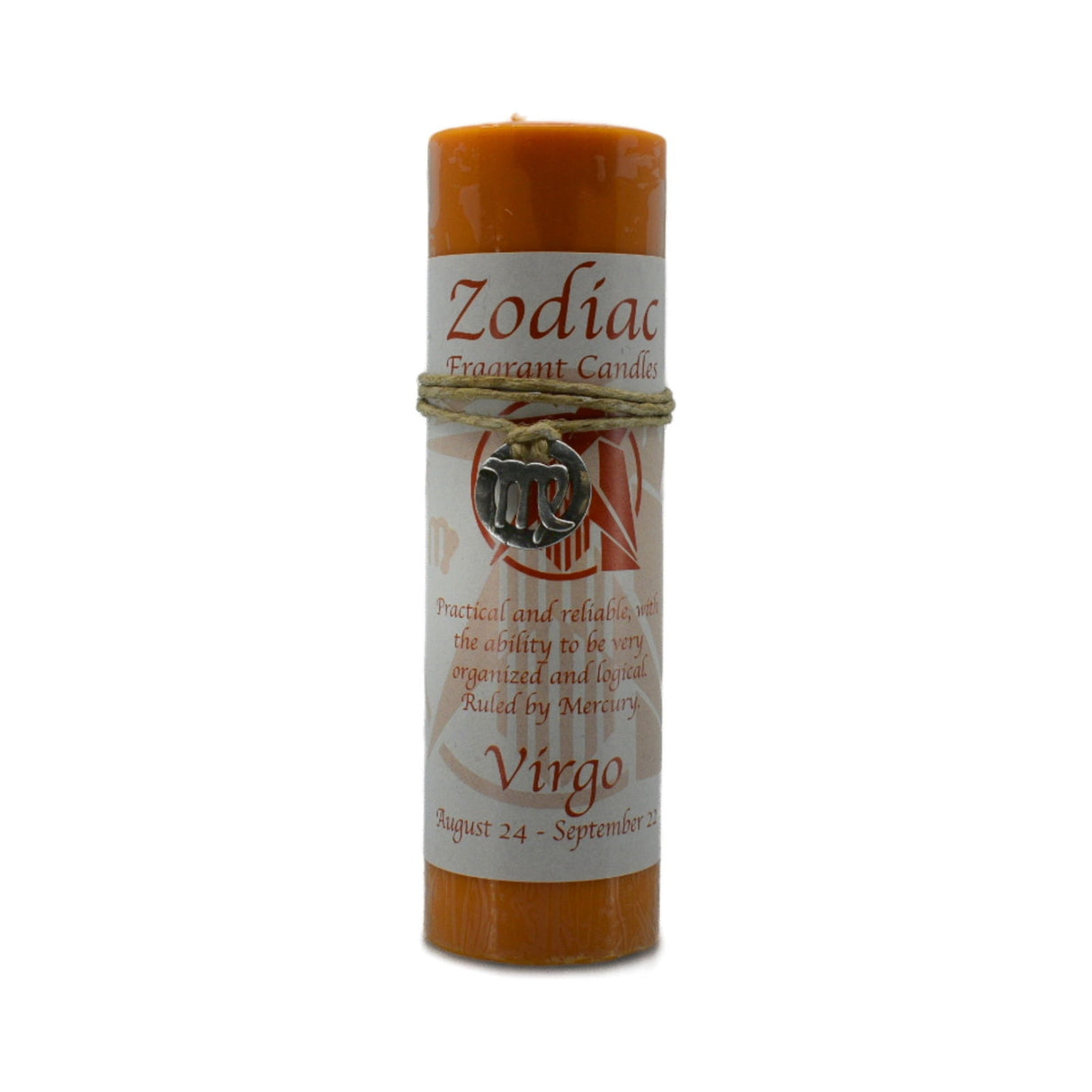 Virgo Zodiac Pendant Candle - Virgo Zodiac Pendant Candle.  Reliable and practical with the ability to be organized and logical.  The orange candle has a pewter pendant attached that can be worn as a necklace or used as an amulet.  