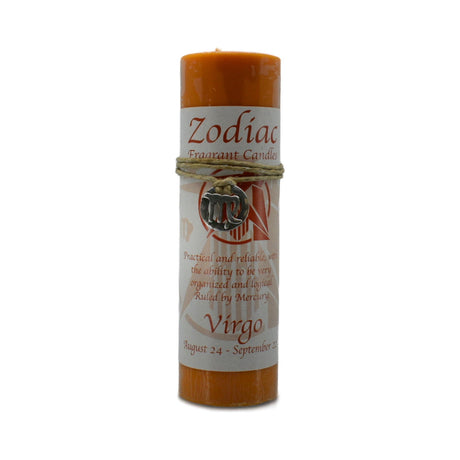 Virgo Zodiac Pendant Candle - Virgo Zodiac Pendant Candle.  Reliable and practical with the ability to be organized and logical.  The orange candle has a pewter pendant attached that can be worn as a necklace or used as an amulet.  