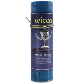 Blue candle with "WICCA" and "WELL-BEING" labels.