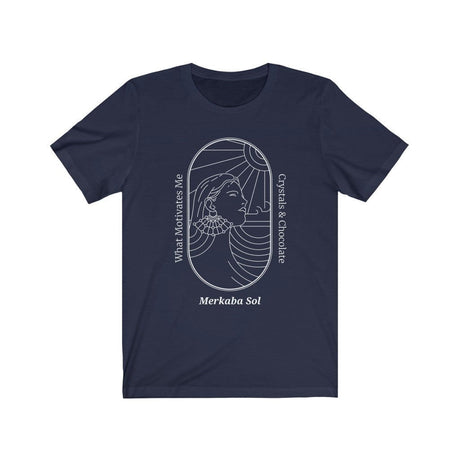 What Motivates Me, Crystals & Chocolate Short Sleeve Tee - What Motivates Me, Crystals & Chocolate. Bring inspiration and empowerment to your wardrobe with this What Motivates Me, Crystals & Chocolate t-shirt in navy color or give it as a fun gift. From merkabasolshop.com