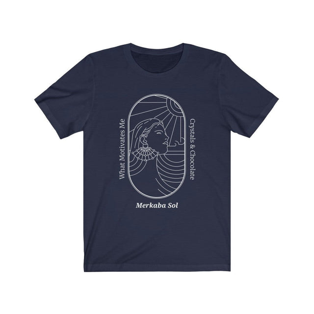 What Motivates Me, Crystals & Chocolate Short Sleeve Tee - What Motivates Me, Crystals & Chocolate. Bring inspiration and empowerment to your wardrobe with this What Motivates Me, Crystals & Chocolate t-shirt in navy color or give it as a fun gift. From merkabasolshop.com