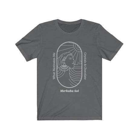 What Motivates Me, Crystals & Chocolate Short Sleeve Tee - What Motivates Me, Crystals & Chocolate. Bring inspiration and empowerment to your wardrobe with this What Motivates Me, Crystals & Chocolate t-shirt in asphalt color or give it as a fun gift. From merkabasolshop.com