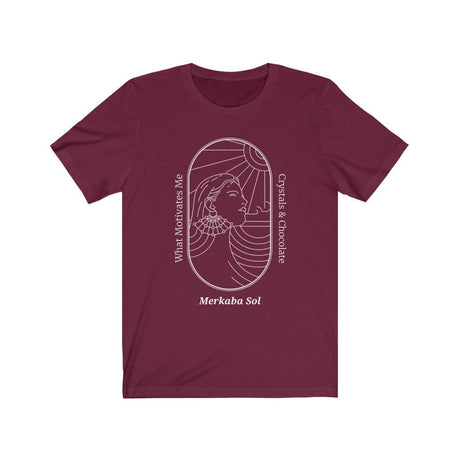 What Motivates Me, Crystals & Chocolate Short Sleeve Tee - What Motivates Me, Crystals & Chocolate. Bring inspiration and empowerment to your wardrobe with this What Motivates Me, Crystals & Chocolate t-shirt in maroon color or give it as a fun gift. From merkabasolshop.com