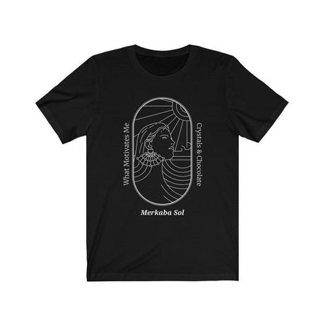 What Motivates Me, Crystals & Chocolate Short Sleeve Tee - What Motivates Me, Crystals & Chocolate. Bring inspiration and empowerment to your wardrobe with this What Motivates Me, Crystals & Chocolate t-shirt in black color or give it as a fun gift. From merkabasolshop.com