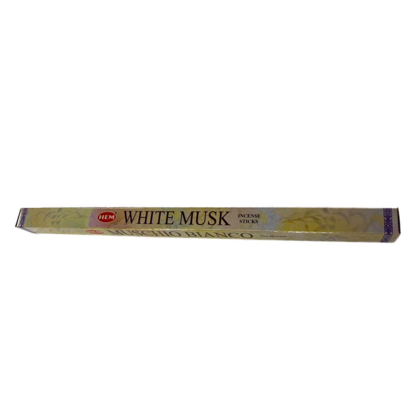 Yellow white box with the words white musk incense 