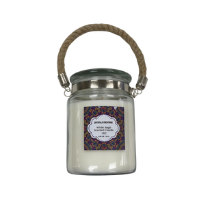 White Sage Glass Jar Candle - White Candle inside clear glass jar with brown rope handle