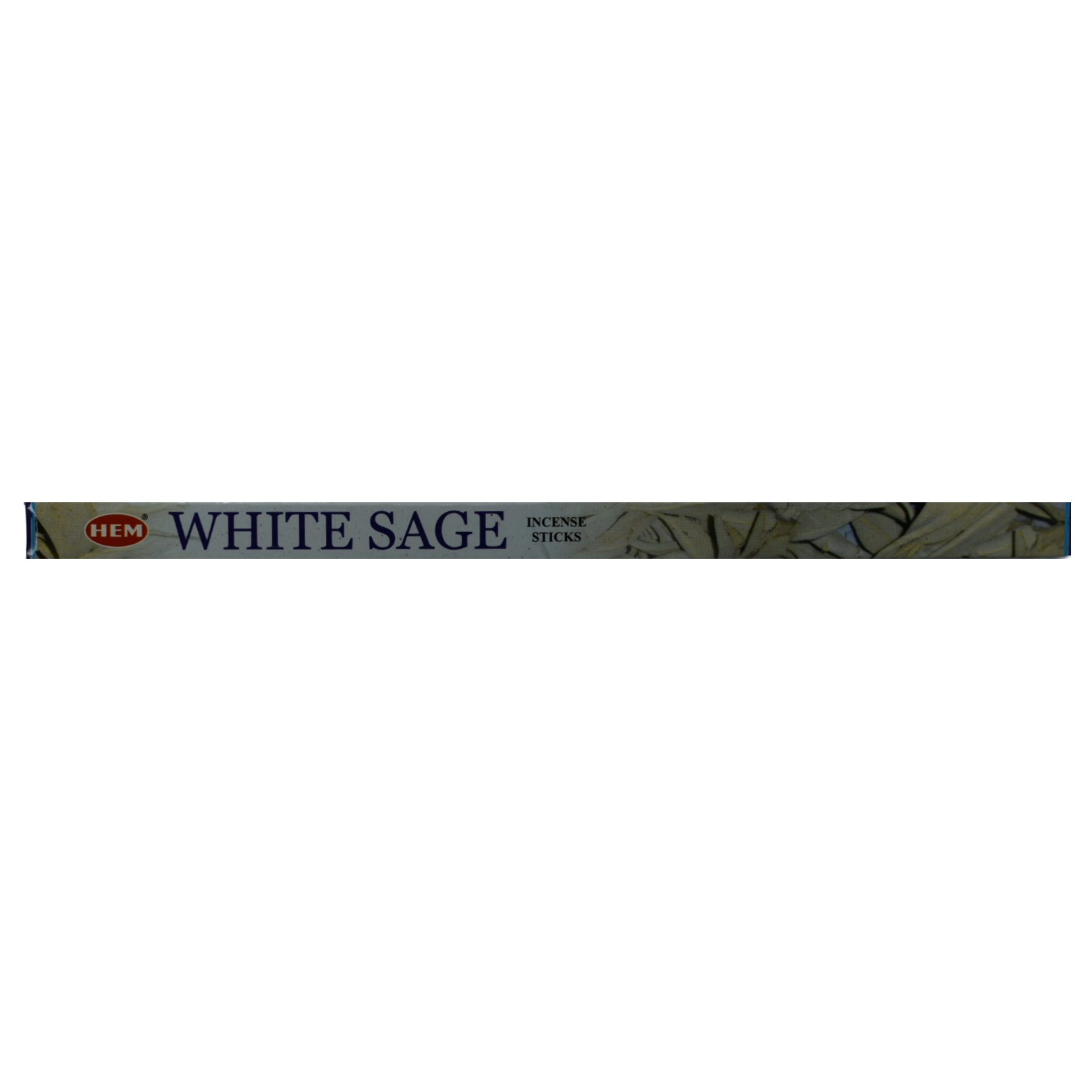 White Sage Incense Sticks. Gray box that says HEM White Sage Incense Sticks on the left half. The right half of the box has a picture of white sage leaves.
