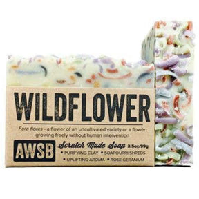Colorful soap bar with "Wildflower" label.