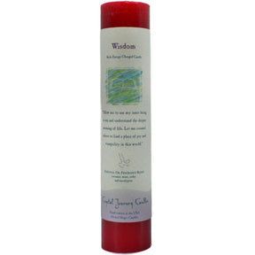 Red candle with "WISDOM" label.