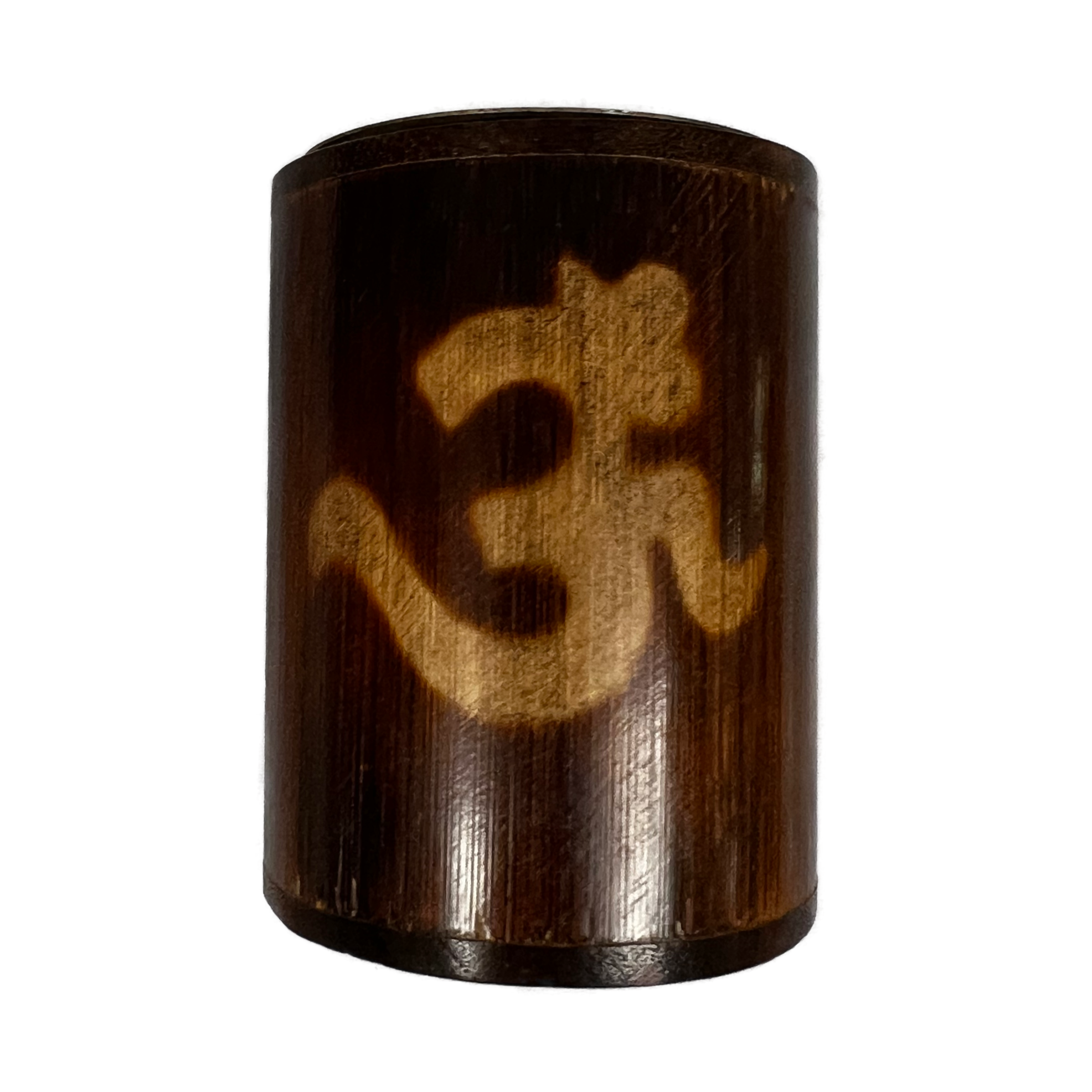 Barrel shaped container brown with golden OM symbol 