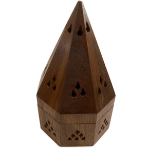 Wood Temple 8 Sided Incense Burner - 8 sided wooden burner with. cone shaped top 