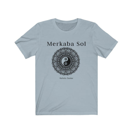 Yin Yang Mandala Short Sleeve Tee - The yin yang mandala brings cosmic balance. Bring inspiration and empowerment to your wardrobe with this Yin Yang Mandala t-shirt in light blue color or give it as a fun gift. From merkabasolshop.com