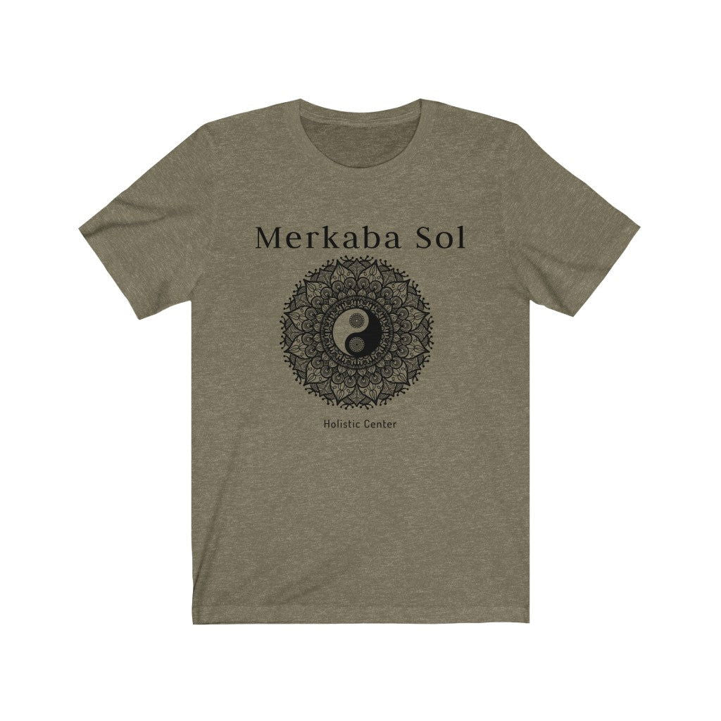 Yin Yang Mandala Short Sleeve Tee - The yin yang mandala brings cosmic balance. Bring inspiration and empowerment to your wardrobe with this Yin Yang Mandala t-shirt in olive color or give it as a fun gift. From merkabasolshop.com