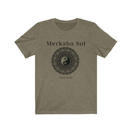 Yin Yang Mandala Short Sleeve Tee - The yin yang mandala brings cosmic balance. Bring inspiration and empowerment to your wardrobe with this Yin Yang Mandala t-shirt in olive color or give it as a fun gift. From merkabasolshop.com