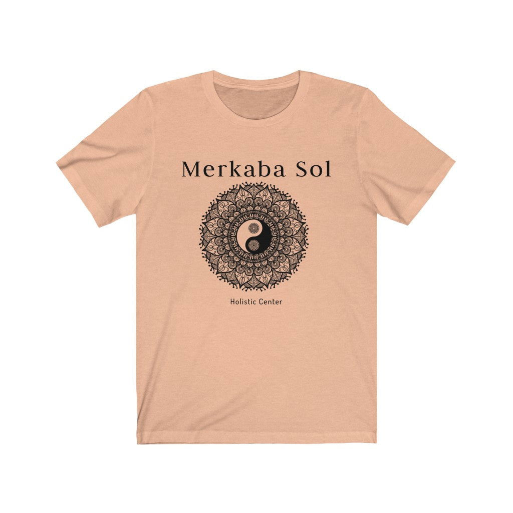 Yin Yang Mandala Short Sleeve Tee - The yin yang mandala brings cosmic balance. Bring inspiration and empowerment to your wardrobe with this Yin Yang Mandala t-shirt in peach color or give it as a fun gift. From merkabasolshop.com