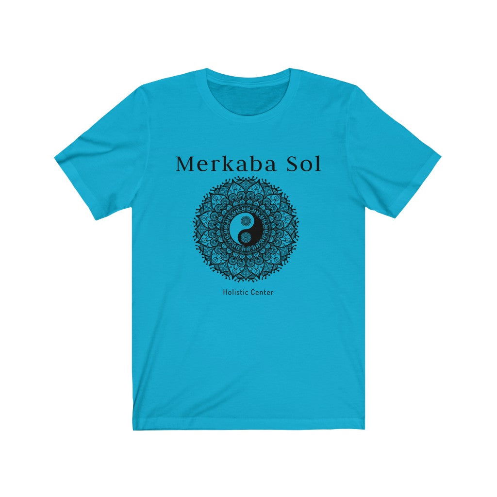 Yin Yang Mandala Short Sleeve Tee - The yin yang mandala brings cosmic balance. Bring inspiration and empowerment to your wardrobe with this Yin Yang Mandala t-shirt in turquoise color or give it as a fun gift. From merkabasolshop.com