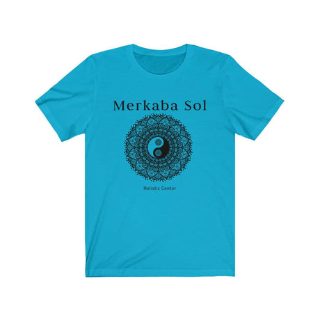 Yin Yang Mandala Short Sleeve Tee - The yin yang mandala brings cosmic balance. Bring inspiration and empowerment to your wardrobe with this Yin Yang Mandala t-shirt in turquoise color or give it as a fun gift. From merkabasolshop.com