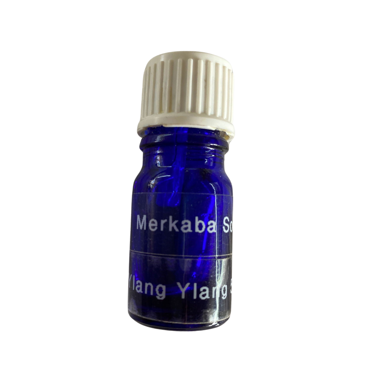 Ylang Ylang Essential Oil - Ylang Ylang Essential Oil in a small blue colored bottle with transparent label and black screw cap.
