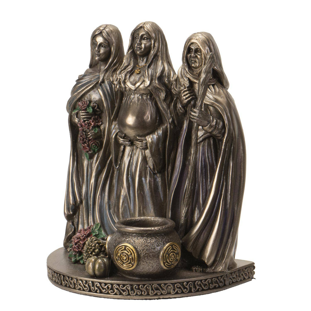 Statue of three women in hooded cloaks with a cauldron and herbs on a white background