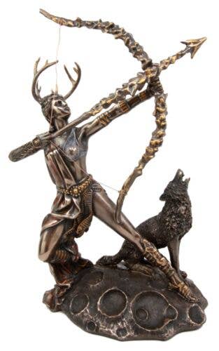 Statue of a deer hunter with bow and arrow, accompanied by a wolf, on a white background.