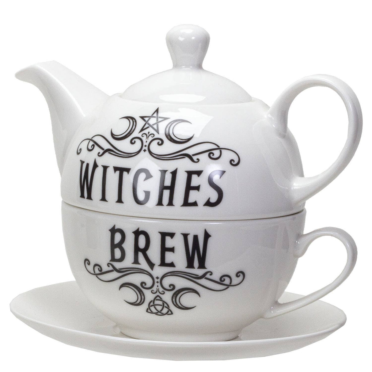 A white ceramic teapot and matching teacup set with a saucer, featuring black gothic-style text reading 'WITCHES BREW' and decorative swirls, on a plain white background.