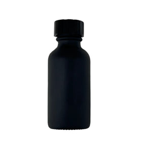 black bottle with black plastic cap 
