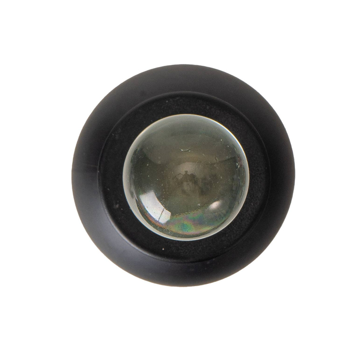 A round black plastic magnifying lens with a clear glass lens in the center, shown against a plain white background.