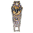 A coffin-shaped wall hanging or decorative plaque featuring a black bat on a gold crescent moon, with a skull and ornate gold scrollwork on a blue-gray background, shown on a plain white background.