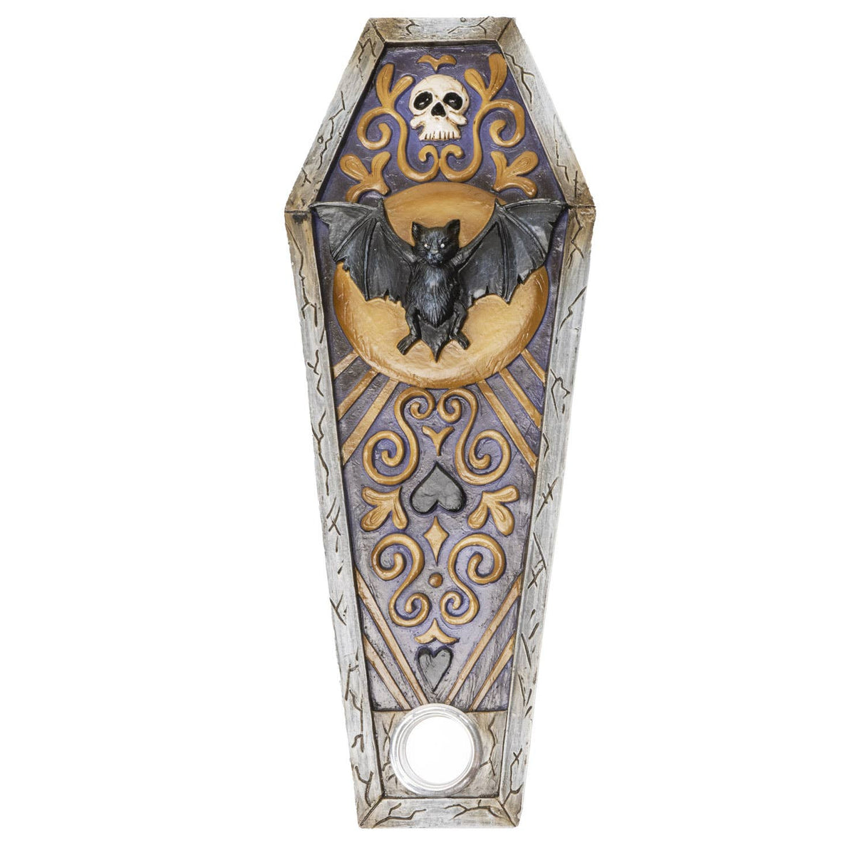 A coffin-shaped wall hanging or decorative plaque featuring a black bat on a gold crescent moon, with a skull and ornate gold scrollwork on a blue-gray background, shown on a plain white background.