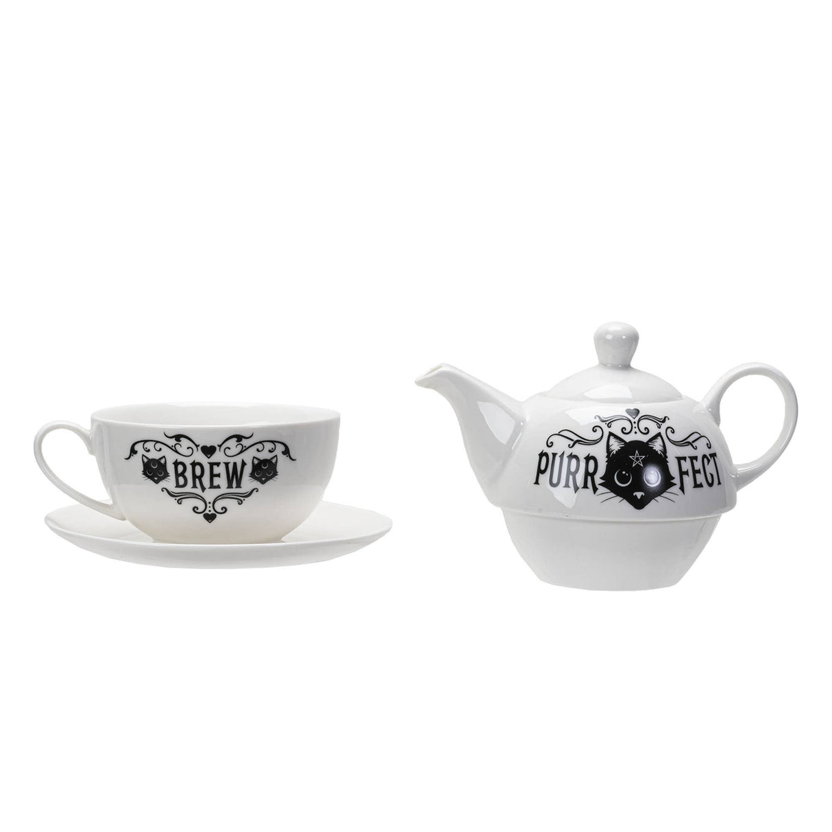 A white ceramic teapot and matching cup with saucer, both decorated with black gothic-style cat illustrations and text reading 'PURR-FECT' and 'BREW'.
