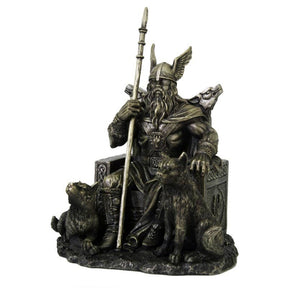 Statue of a warrior with a spear and two wolves on a white background