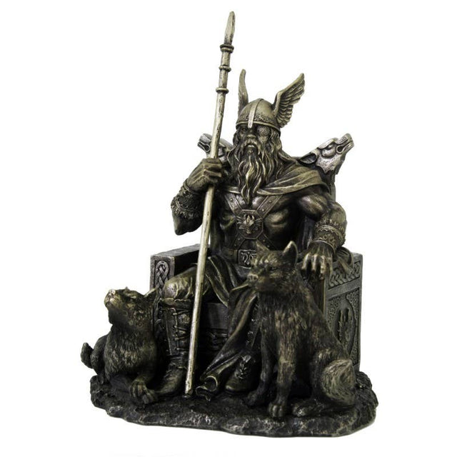 Statue of a warrior with a spear and two wolves on a white background