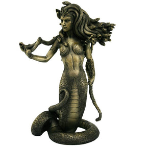Bronze statue of a mermaid with flowing hair on a white background