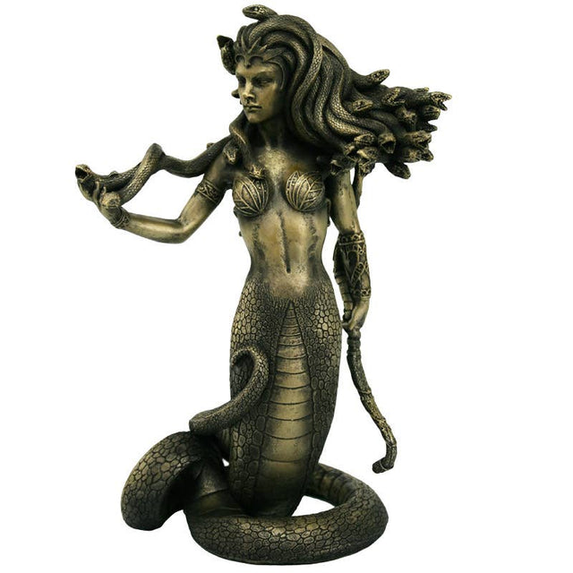Bronze statue of a mermaid with flowing hair on a white background