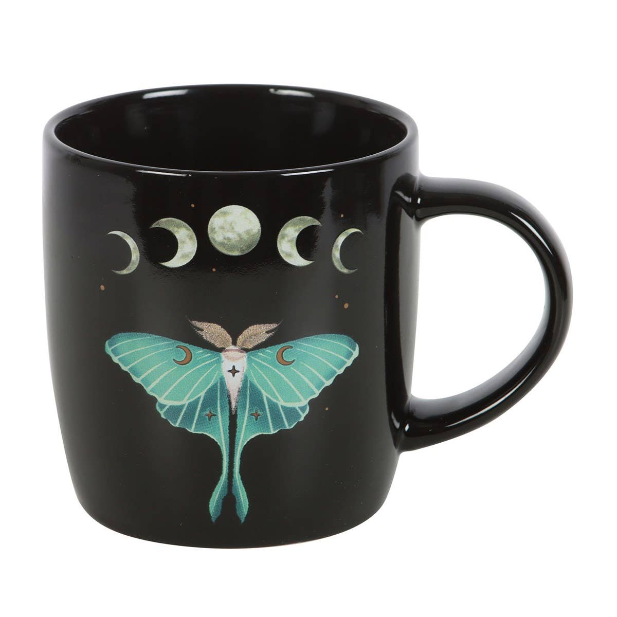 Black mug with a green moth and moon phases design on a white background