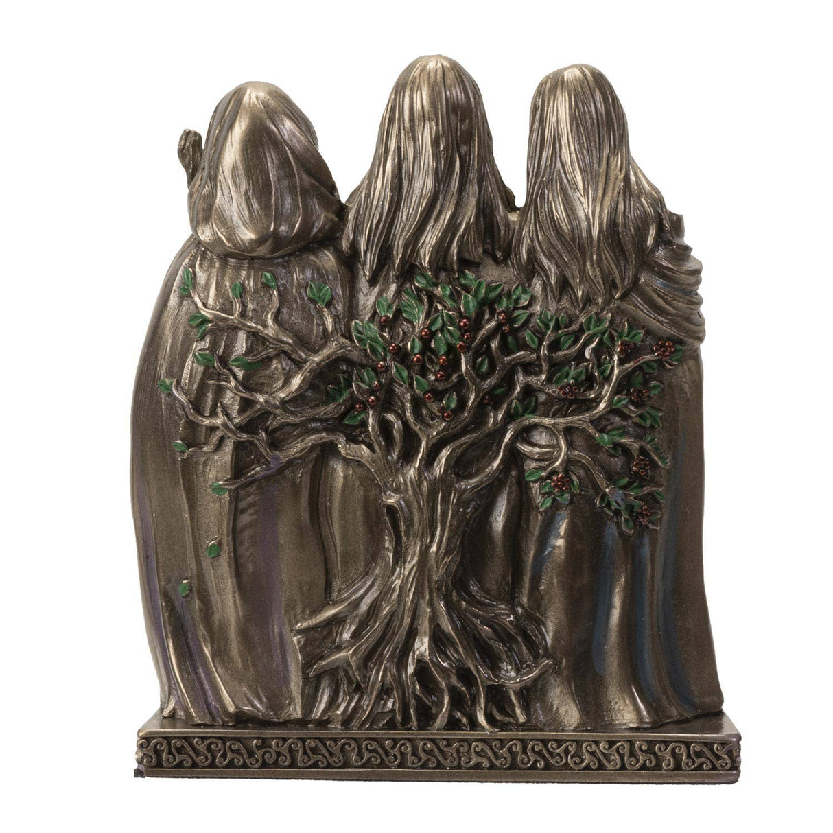 Bronze statue of three hooded figures holding a tree with a white background