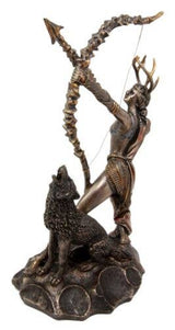 Bronze statue of a archer with a bow and a wolf at his feet on a white background
