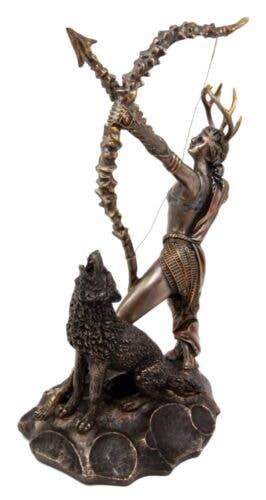 Bronze statue of a archer with a bow and a wolf at his feet on a white background